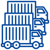 Three blue outlined trucks with containers.