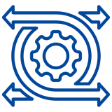 Blue gear icon with arrows on black.