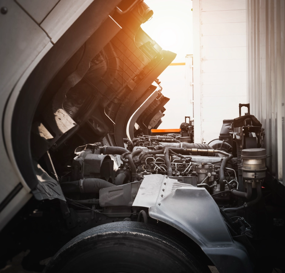 Truck engines exposed under lifted hoods.