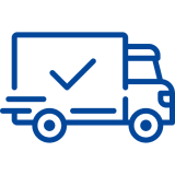 Blue delivery truck icon with check mark.