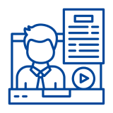 Person icon with document and play button.