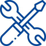 Crossed wrench and screwdriver icon, blue outline.