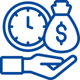 Hand holding clock and money bag icon.