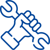 Hand holding wrench icon in blue.